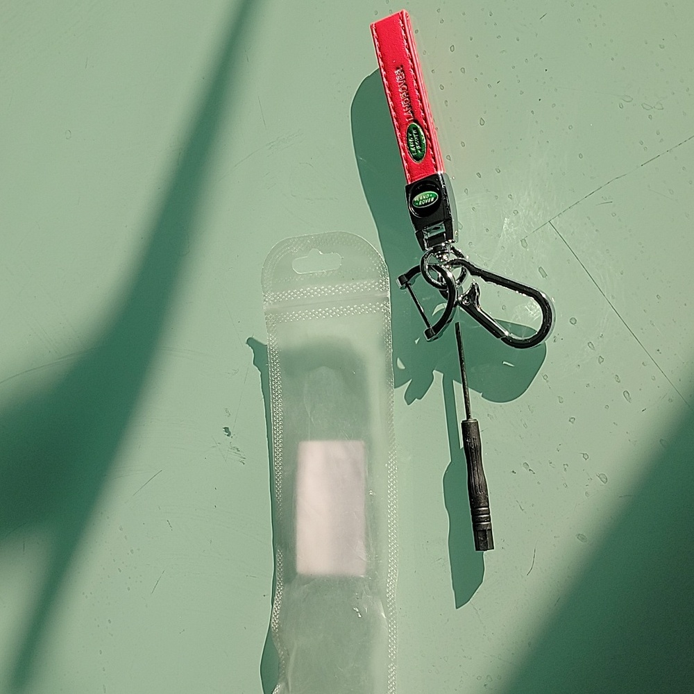 Land Rover. Red Leather Metal Keychain.  Clip On D Ring.